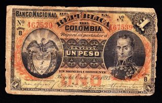 COLOMBIA 1 PESO 1893 PICK # 224 VG F.