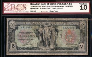 1917 Canadian Bank of Commerce $5 Large Chartered banknote