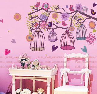 Huge Colourful Flowers Bird Cage & Tree Wall Stickers Vinyl Art Decal 