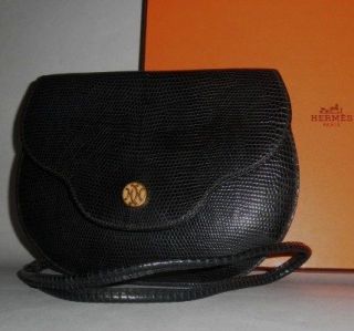 Auth Hermes Vintage Black Lizard Paula Shoulder Bag Clutch Rare~MPRS