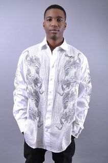 NEW MENS COOGI PLEATED EMBROIDERED LEAVES WHITE LONG SLEEVE BUTTON 