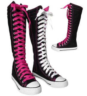 NEW Girls Kids Tall Knee High Lace Up Canvas Boots BLACK PINK WHITE 