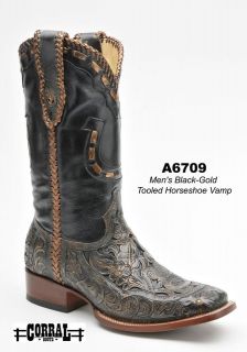 Corral Mens Cowboy Western Boots Genuine Leather Black/Gold A6709 