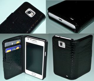 Croc Style Black Flip Leather Wallet Case Samsung Galaxy S2, Holds 
