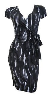 Black Grey Brush Print Faux Wrap Day Dress Hope Size 10 New