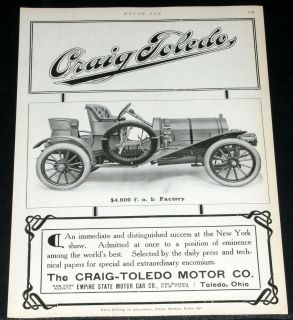 1907 OLD MAGAZINE PRINT AD, CRAIG TOLEDO MOTOR CAR, ENCOMIUM