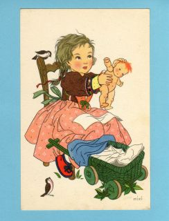 Vintage Italian postcard. Signed MIKI. Girl with DOLL and Wicker CRIB