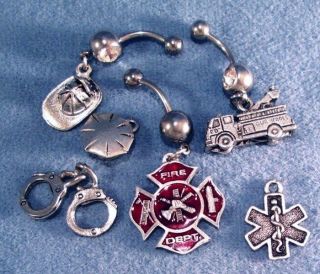 Fire Police Medic Silver Charms Hat Cuffs Gun Truck Badge Navel Belly 