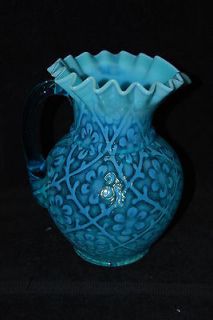   BEAUMONT BLUE OPALESCENT DAISY IN CRISS CROSS WATER PITCHER C1894