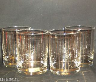 SET OF 4 CULVER 22K GOLD VERTICAL STRIPE OLD FASHIONED BARWARE GLASSES 