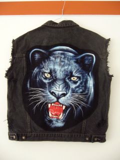 SNARLY PANTHER Punk Studded Ripped Cut Off Black Denim Festival Jacket 