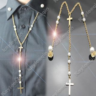   Multi Pearl Dots Cross Long Chain Shirt Collar Neck Tips Brooch Pin