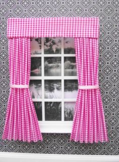 MINIATURE DOLLS HOUSE PINK CHECK CURTAINS AND PELMET 12CM WIDE NEW