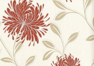 DAHLIA RED & CREAM GLITTER TEXTURED FLORAL FEATURE WALLPAPER 6120 BY 