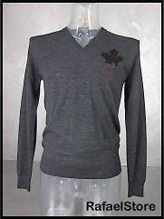 DSQUARED S Jumper V Neck Jersey Pullover Gray Black Canadian Leaf Wool 