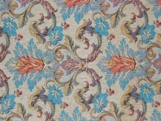 Cream Teal Orange Damask Chenille Damask Upholstery Fabric 5/8 Yds