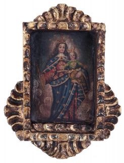 Virgin Mary of Help~Folk Art Santos Cuzco Framed Retablo Catholic Oil 