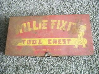 VINTAGE ANTIQUE TOY TOOL CHEST WILLIE FIX IT CHEST 1950 PATINA RARE 