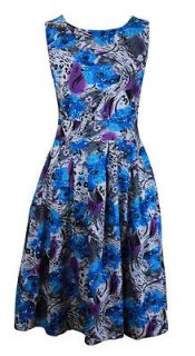 Blue Grey Floral 50s Style Day Dress Peggy Size 10 New