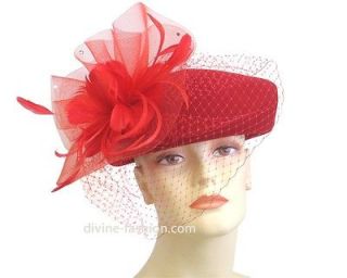 Womens Church Hat, Derby hat, Wool/Feathers/​RS, Red 1604