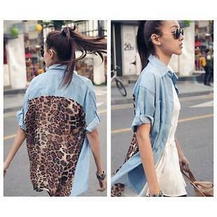 Chic Korea lady long Sleeve Denim Chiffon Leopard design Top/blouse 