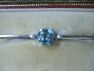   Art Deco 14ct and Platinum Aquamarine Diamond Bar Brooch Original Box