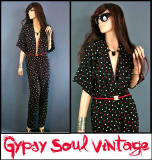 Vtg 70s 80s DISCO JUMPSUIT SEXY Deep V Plunge Drapy ColorBlock Red 