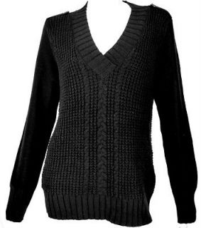 DKNY~Womens Black Cable Knit Sweater~Epaulet Shoulder~V Neck Pullover 