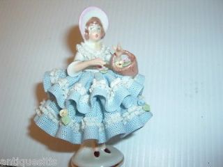 GERMAN DRESDEN PORCELAIN FIGURINE WEARING LACE WITH HER BASKET OF 
