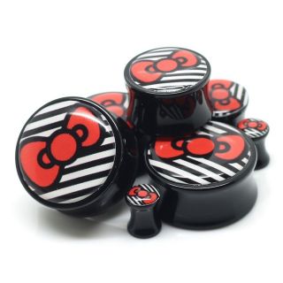 Kitty Bow Ear Gauges Ear Plugs Hello Kitty 2G   1 Red Bow Black White 