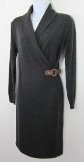 Ralph Lauren Merino Wool Shawl Leather Buckle Belt Wrap Sweater Dress 