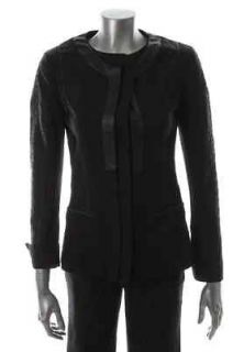 Elie Tahari New Sophia Black Contrast Leather Trim Snap Front Jacket M 