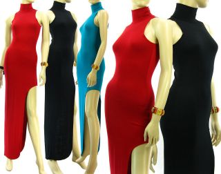 Elegant Turtleneck Maxi Dress Exposed Wide Slit Thigh High Slim Fit 