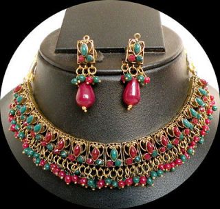   Ruby Emerald Look Polki Designer Necklace & EarRing Indian P1