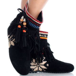 Black Suede Fringe Tassel Fair Isle Tribal Womens Flat Ankle Boots 