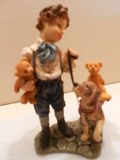 Dollhouse miniature little boy with dog and teddy bears 4 1/2 