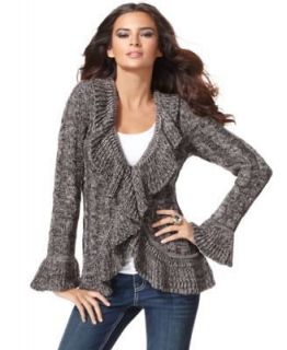 INC NEW Gypsy Black Marled Long Sleeve Ruffled Cardigan Sweater Coat S 