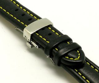   Black/Yellow Leather watch Strap DEPLOYMENT CLASP for Omega Movado