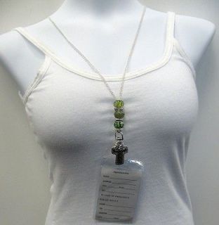 Badge Holder Necklace ID Holder Cross Design Green Murano Glass Beads 