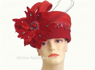 Womens Church Hat, Derby hat, Wool/Satin/Vel​vet, Red 72019