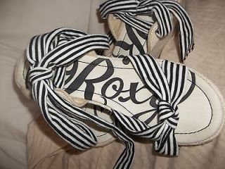NEW Roxy Womans Black & White Wedge Platform Sandal Tie At Ankle Shoes 