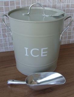   Shabby Vintage Style Metal Tin Ice Bucket with Lid & Scoop Olive /Grey