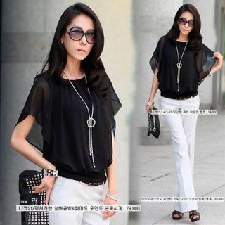 Sexy Women Solid See through Trendy Blouse Top Chiffon Batty Sleeve 