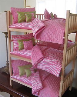 STACKABLE TRIPLE DOLL BUNK BED & 15PC PINK ZEBRA BEDDING FOR 18 DOLLS