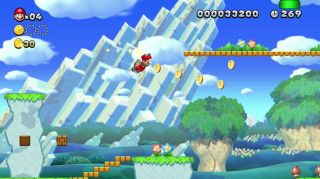 Flying Squirrel Mario gathering coins while avoiding mushrooms in New 