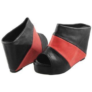 Women Faux Leather Peep Toe Wedge Heels Platform Mules Shoes Red Black 