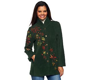 Bob Mackies Embroidered Fleece Jacket with Quilted Collar — 