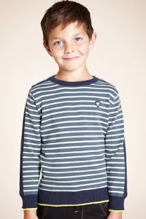 Pure Cotton Slash Neck Striped Knitted Jumper with Stay New™   Marks 