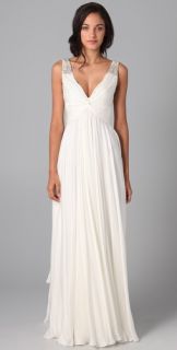 Reem Acra V Neck Gown with Jeweled Straps  
