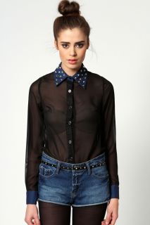 Roxy Studded Denim Collar Chiffon Shirt at boohoo